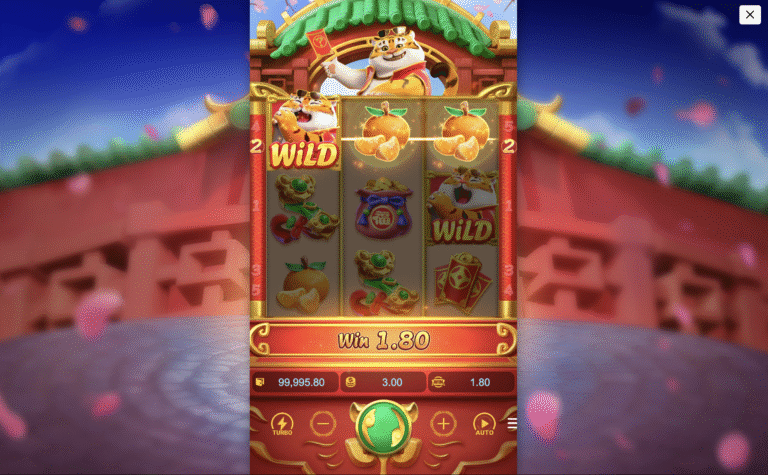 Fortune Tiger slot online com símbolos WILD e frutas douradas, jogada vencedora com pagamento de 1.80 créditos, jogo de cassino popular da PG Soft inspirado na cultura chinesa.